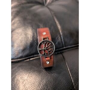 Brown Leather Cuff Bracelet Tree of Life Metal Charm Snap Closure Adjustable